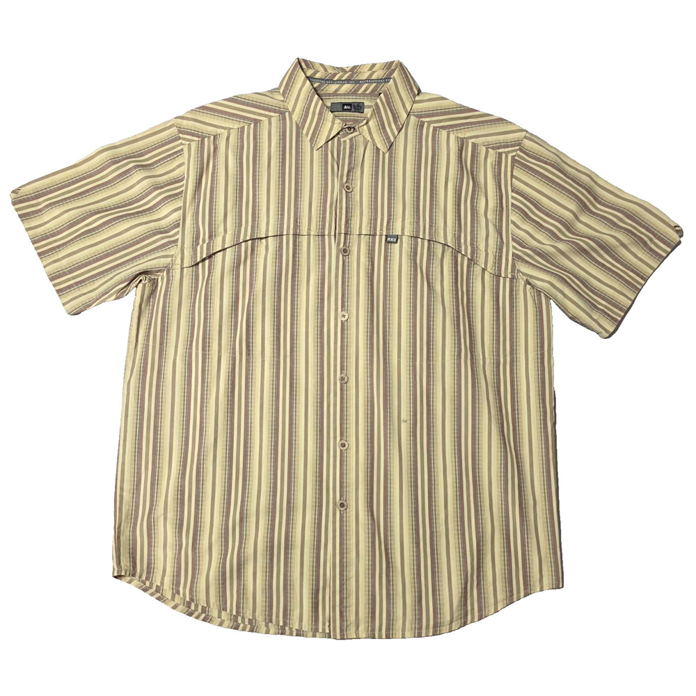 REI Men's M Button Up Shirt Short Sleeve Striped 100% Cotton Earth Tones